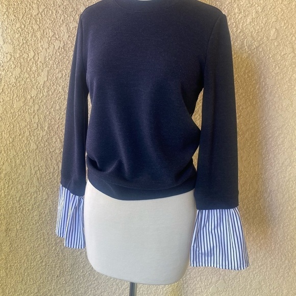 Nordstrom Signature Navy Blue Sweater With White and Blue Striped Bell Sleeve XS - Picture 3 of 12